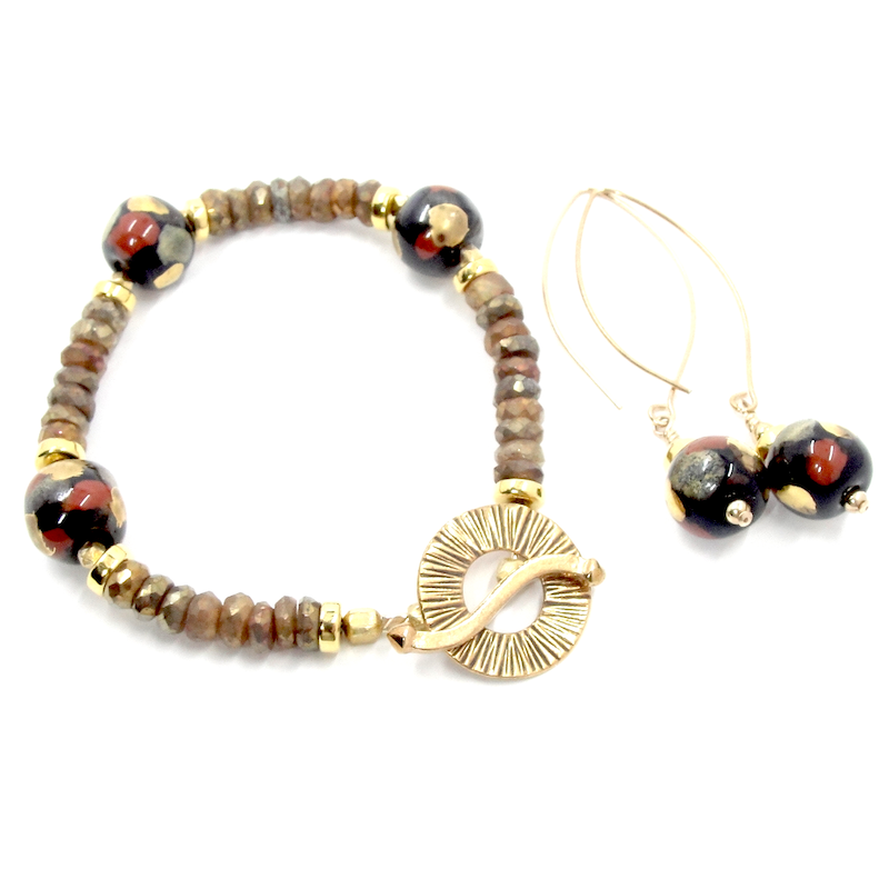 Golden Laboradite & Black Bracelet & Earrings Set