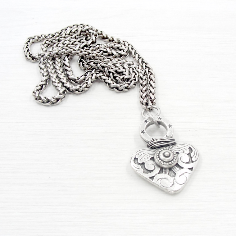 Antique Silver Etched Heart Pendant Necklace