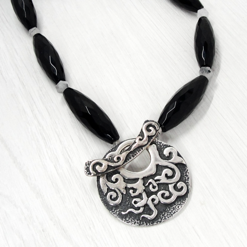 Black Onyx and Rutilated Quartz Necklace